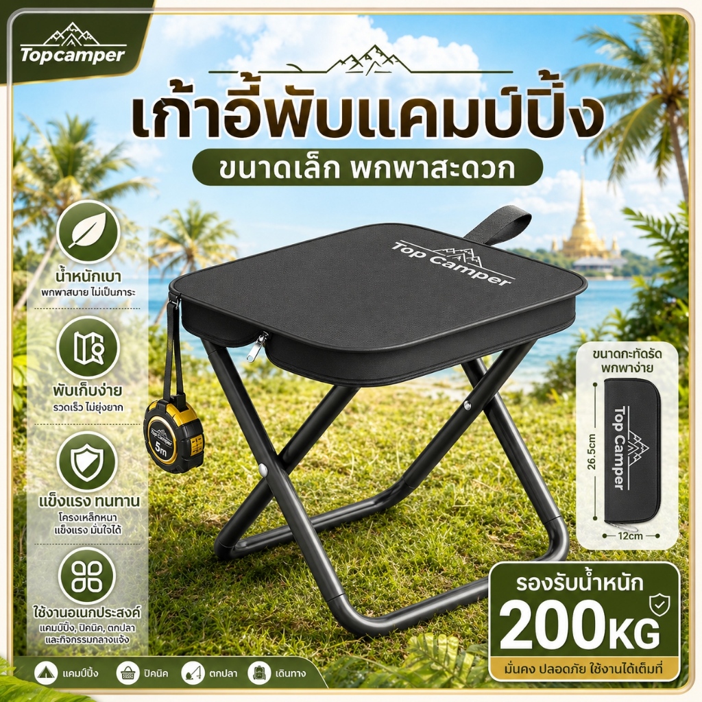 2026 Topcamper เก้าอี้สนาม เก้าอี้ camping เก้าอี้พับขนาดเล็ก พับได้ พกพาสะดวก เก้าอี้แคมป์ปิ้ง
