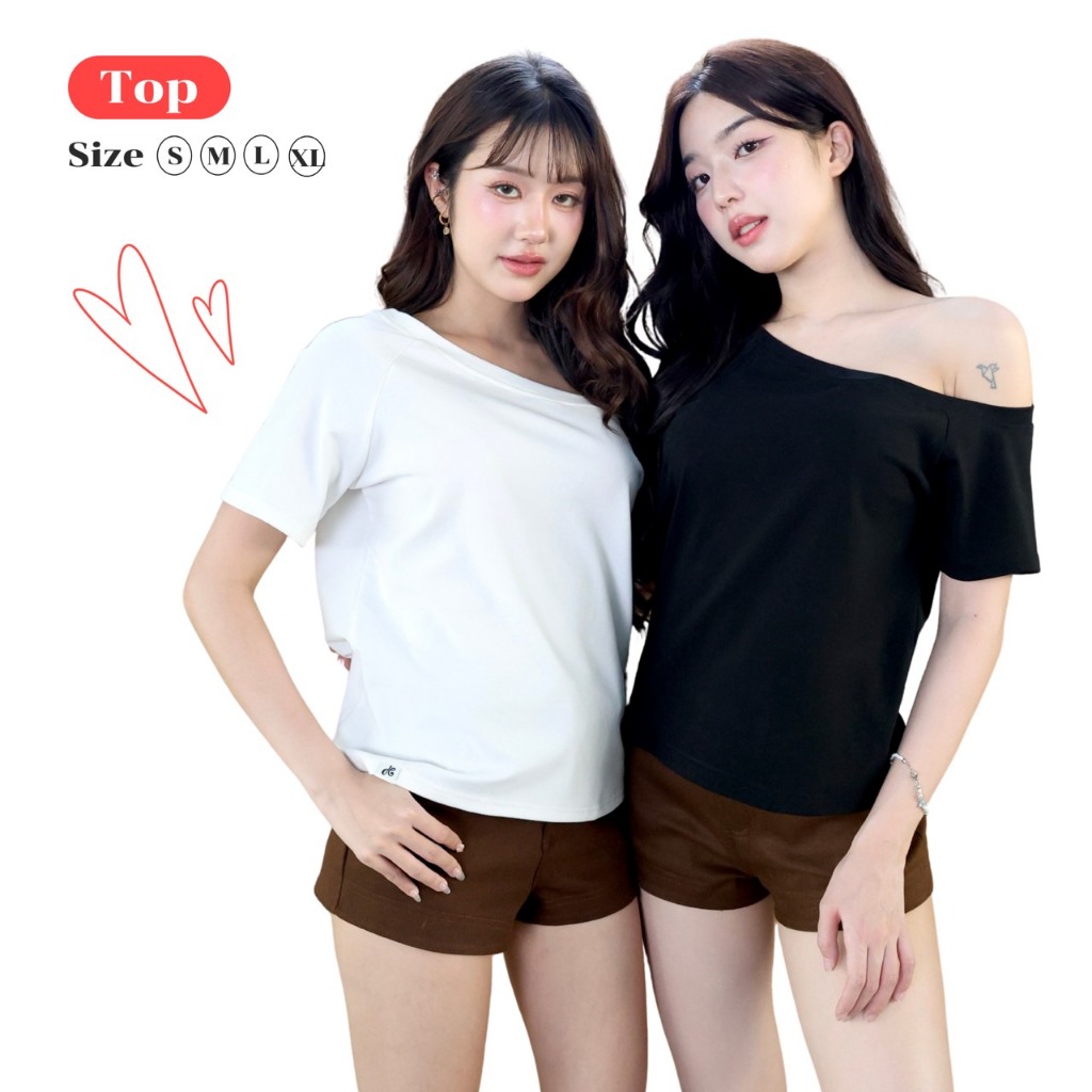 JARINYA (S-XL) เสื้อปาดไหล่ Oversize แขนสั้นสีพื้น