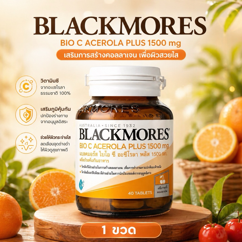 Blackmores Bio C Acerola PLUS 1500 mg. แบล็คมอร์ส ไบโอ ซี อะซีโรลา พลัส 40 เม็ด วิตามินซี