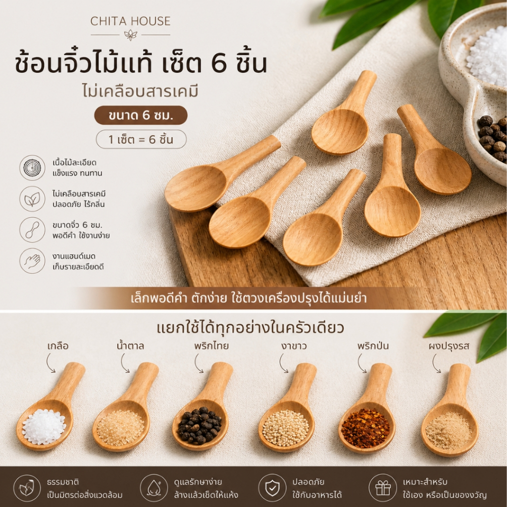 ช้อนจิ๋ว ช้อนตักเครื่องปรุง ผลิตจากไม้กันเกรา สินค้าไทย ขนาด 6 cm. แพ็ค 6 ชิ้น B-051-1