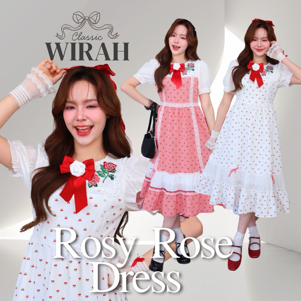 WH48 Rosy Rose Dress ชุดเดรสยาวปานกลาง ปักลายดอกกุหลาบ แต่งเข็มกลัดโบว์ดอกไม้