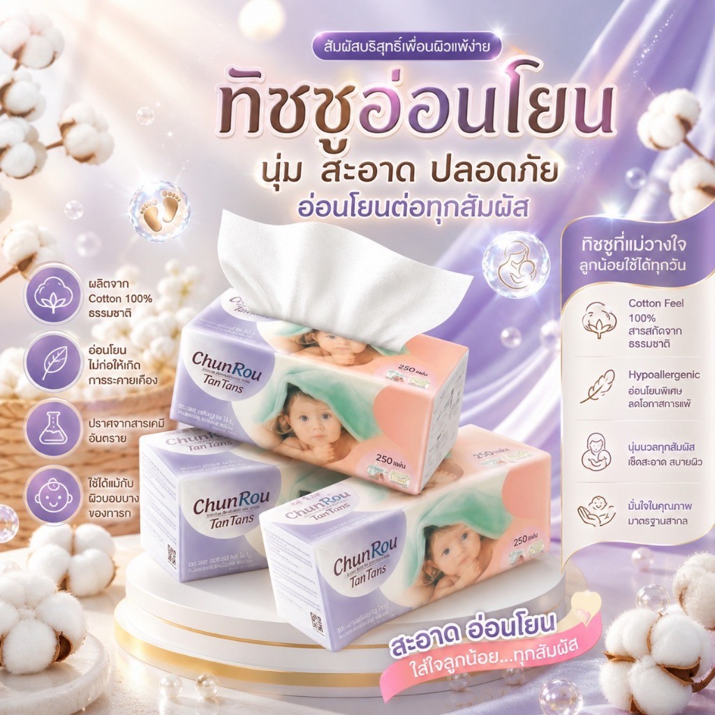 กระดาษทิชชู่เช็ดหน้า 250แผ่น หนา4ชั้น 1แพ็ค5ห่อ สำหรับทำความสะอาดเช็ดหน้าและเช็ดมือ