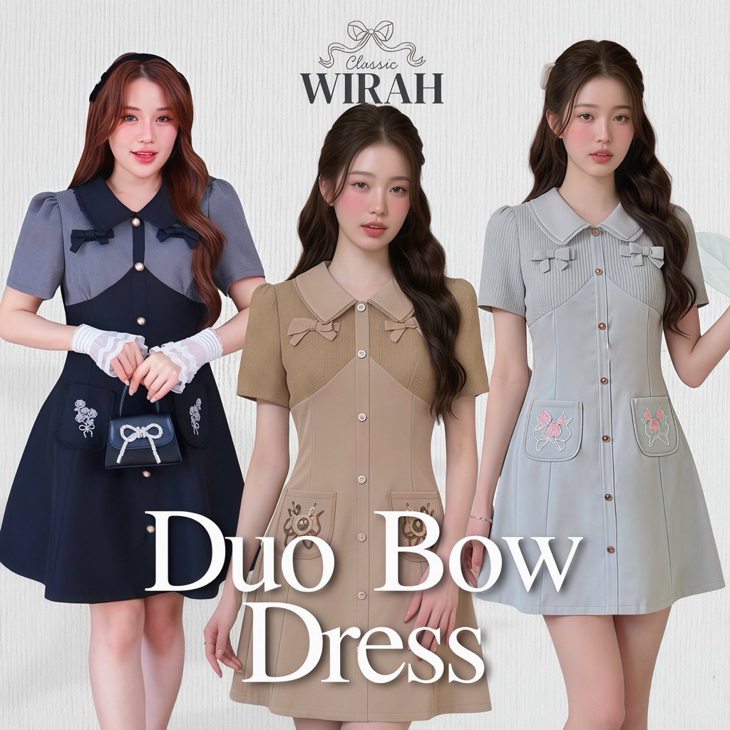 DW248 Duo Bow Dress ชุดเดรสสั้นดีไซน์สวย เหมาะสำหรับใส่ทำงานหรือออกงานในลุคที่ดูแพงและเรียบร้อย