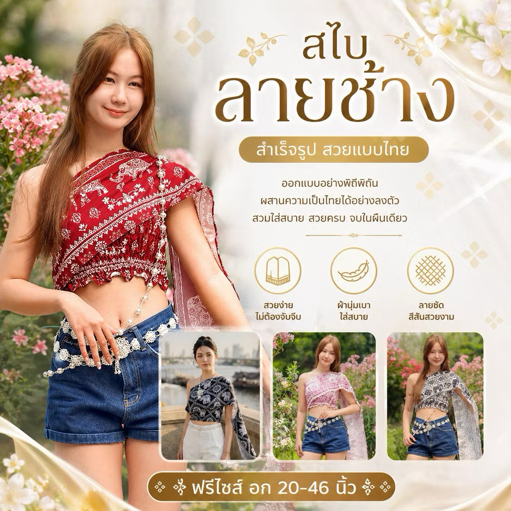 สไบลายช้าง สไบสำเร็จรูป งานผ้าไหมอิตาลี
