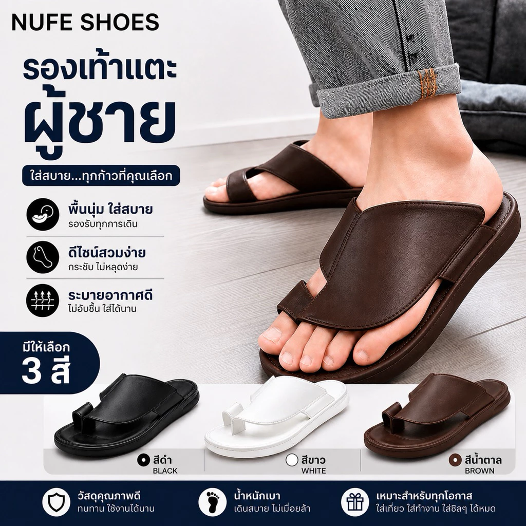 NUFESHOES-07 รองเท้าแตะผู้ชายสไตล์วินเทจผู้ชาย พื้นนุ่ม ใส่เทห์ วัสดุPVC