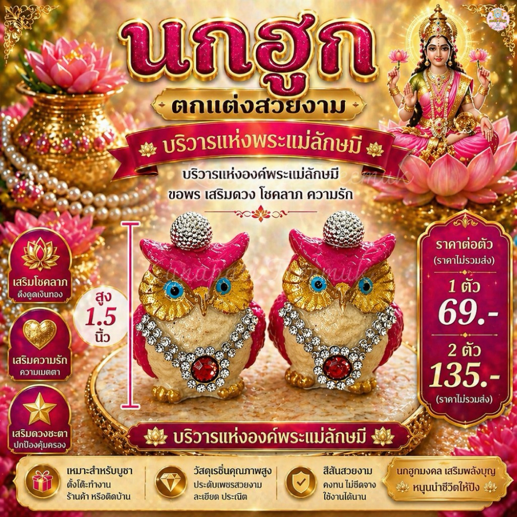 🦉นกฮูก ตกแต่งสวยงาม บริวารแห่งพระแม่ลักษมี 🦉ขอพร เสริมดวง โชคลาภ ความรัก สีชมพู