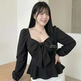 C21 [S - XXXXXL] เสื้อเจ้าหญิงแต่งโบว์ยักษ์ แขนยาวตุ๊กตา เอวระบายทรง Peplum น่ารักสไตล์เกาหลี รุ่นขายดี รอบอกใหญ่ 32-62"