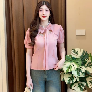 เสื้อแฟชั่น ผ้าฮานารี่ คอแต่งลูกไม้ ดีเทลน่ารักๆ ผูกโบว์อกกระดุมหน้า ทรงเข้ารูป สวย เรียบหรู ใส่ทำงาน ใส่แมท ใส่ออกงาน