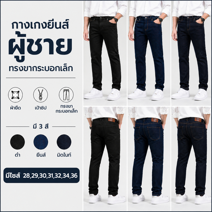 กางเกงยีนส์ผู้ชาย ทรงขากระบอกเล็ก ผ้ายืด เป้าซิป มี3สี ดำ ยีนส์ มิดไนท์