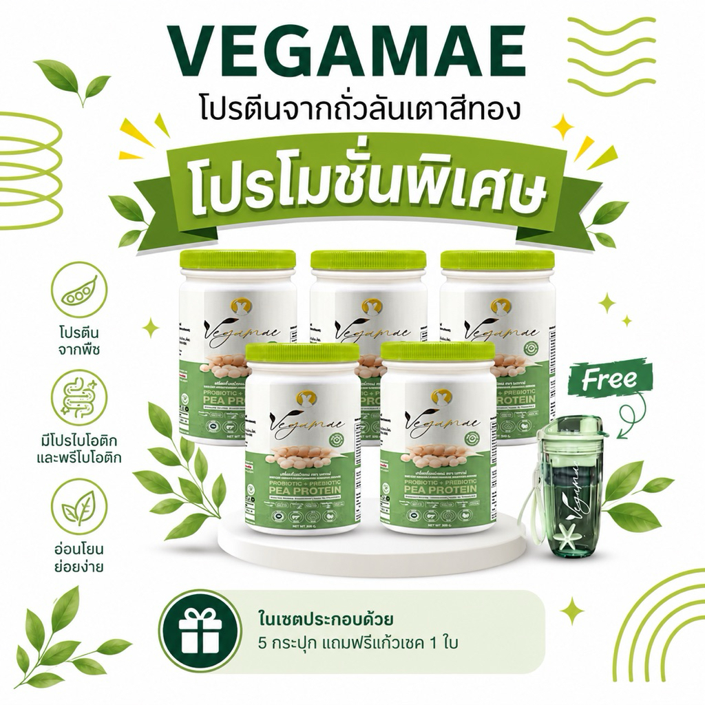 โปรตีนเวกาเม่(VEGAMAE) set 5 กระปุก แถมแก้วเชค 1 ใบ โปรตีนพืชจากพืช 100% ไม่มีน้ำตาล เจทานได้
