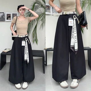Reallyshops #9509(K) กางเกงขาวยาวทรงกระบอกใหญ่+เข็มขัดแต่ง เอวยางยืด ผู้หญิง พร้อมส่ง