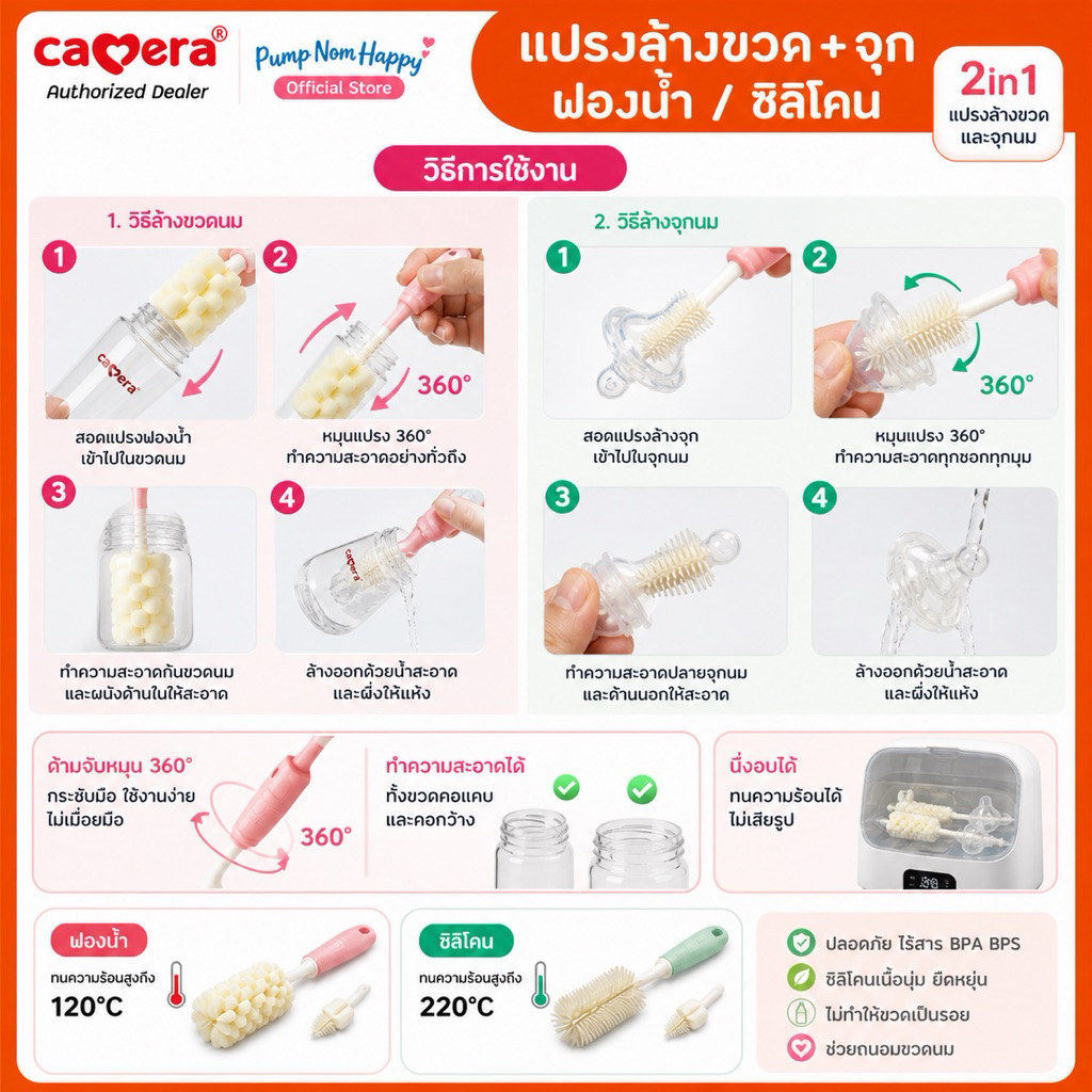 Camera Baby ชุดแปรงล้างขวดนมและจุกนม ชนิดซิลิโคน และฟองน้ำ หมุน 360 องศา ราคา ถูกที่สุด ดีลบีเคเค แกลเลอรีภาพที่ 7