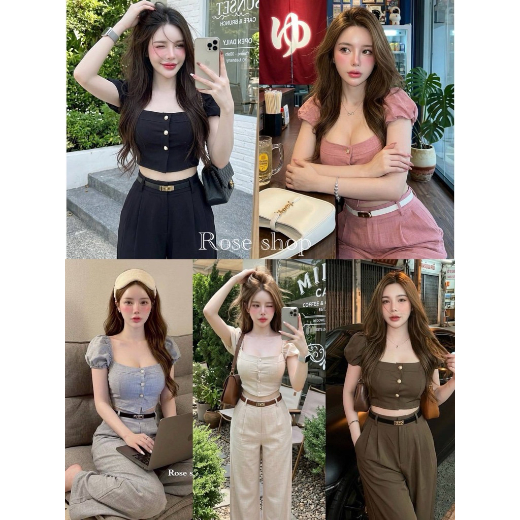 ชุดเชต 3ชิ้น กางเกง เสื้อ   แขนตุ๊กตา มาพร้อมเข็มขัดสุดหรู กระดุมหน้าใช้งานได้จริง