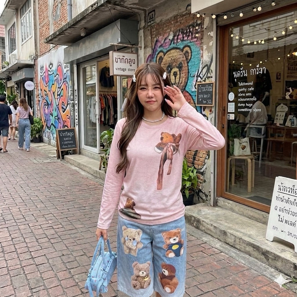 ป้าย Acne studio(Arinwara) เสื้อหมี+กางเกงยีนส์พิมพ์ลายหมี 3D SZ.M