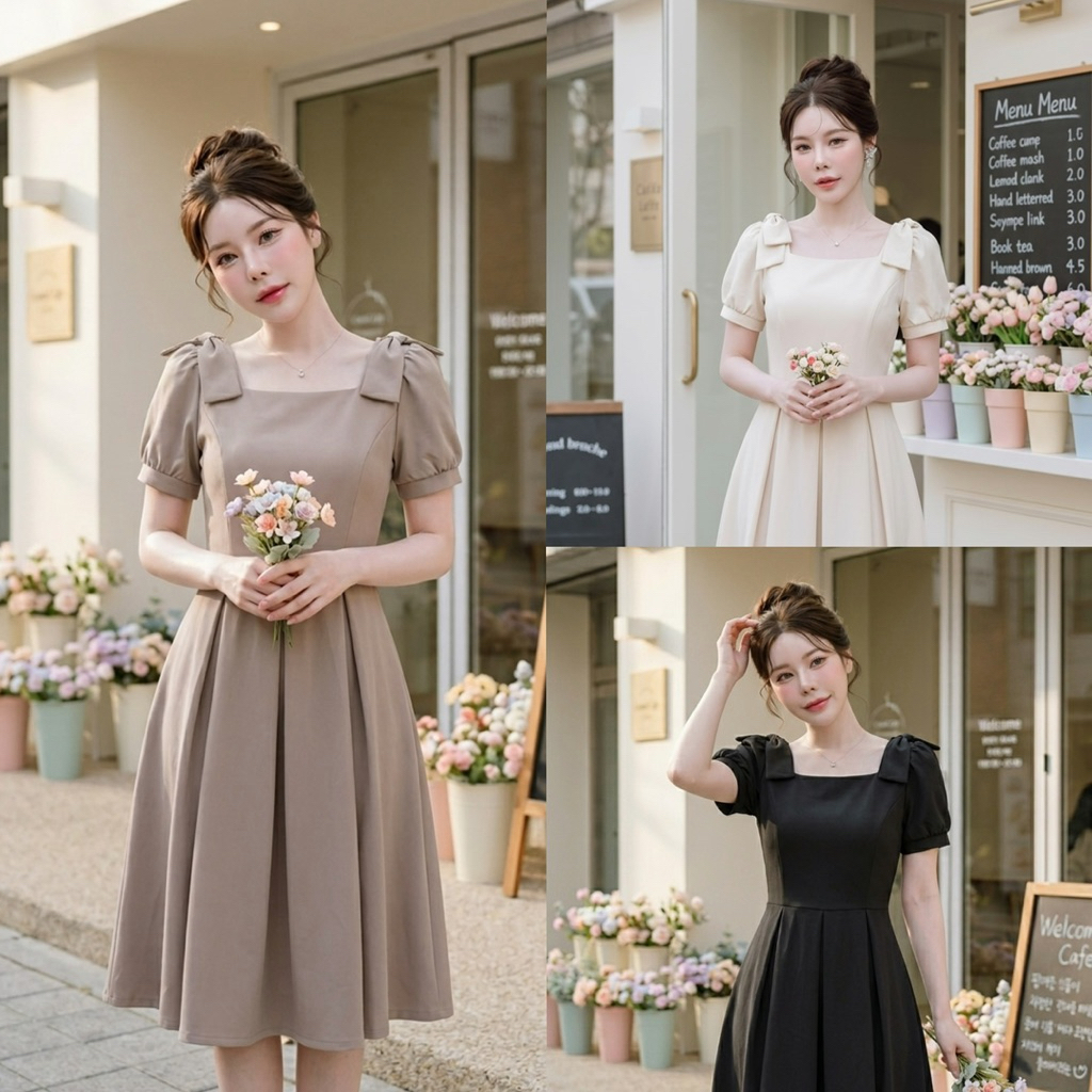 D822 เดรสคอเหลี่ยม ไหล่โบว์ มีไซส์ S-3XL ความยาว 40 นิ้ว ผ้าบาบี้เปเป้ เดรสทำงาน เดรสออกงาน แรรสคุณครู เดรสไปงานแต่ง
