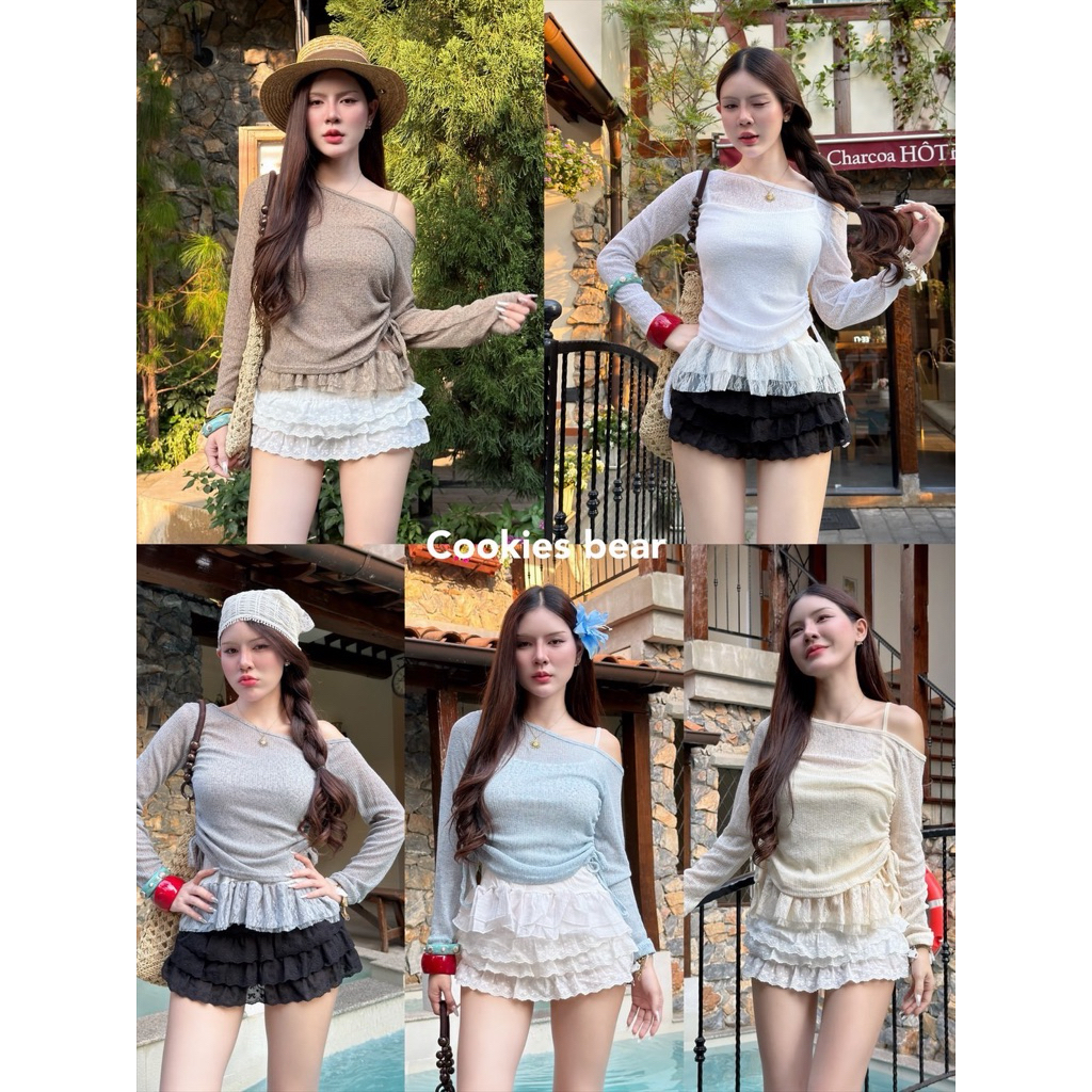 Cookies set - เสื้อสายเดี่ยว+ปาดไหล่ ดีเทลรูดเอว