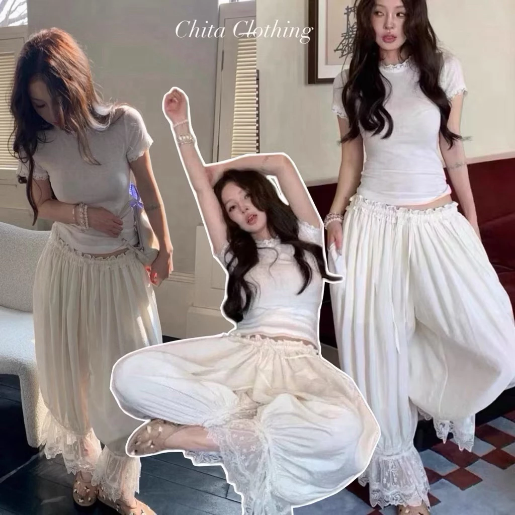 📍Pre📍6177 Set 2 pcs เสื้อยืดแขนสั้นแต่งระบายเล็กๆ + กางเกงขายาวมีเชือกรูดช่วงเอว ปลายขาแต่งลูกไม้
