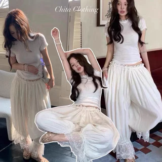 📍Pre📍6177 Set 2 pcs เสื้อยืดแขนสั้นแต่งระบายเล็กๆ + กางเกงขายาวมีเชือกรูดช่วงเอว ปลายขาแต่งลูกไม้