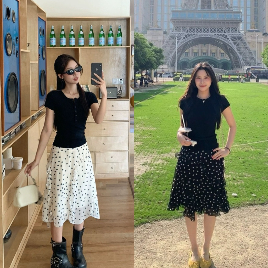 📍พร้อมส่ง ดำ📍9225# กระโปรงลาย polka dot งานซิปข้าง มีซับใน เนื้อผ้าดี งานสวย TAG:WG.WE 🇰🇷