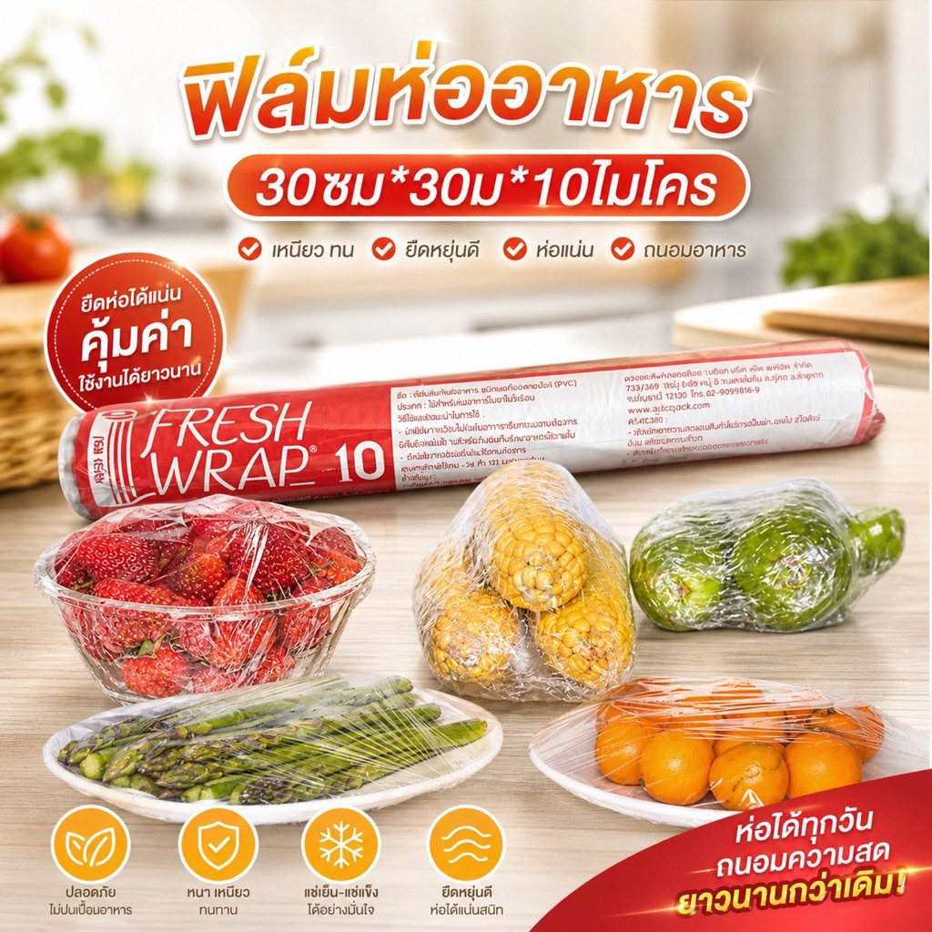 🛡️ ฟิล์มห่ออาหาร Fresh Wrap ของไทย มี มอก. ขนาด 30ซม x 30ม หนา 10 ไมครอน