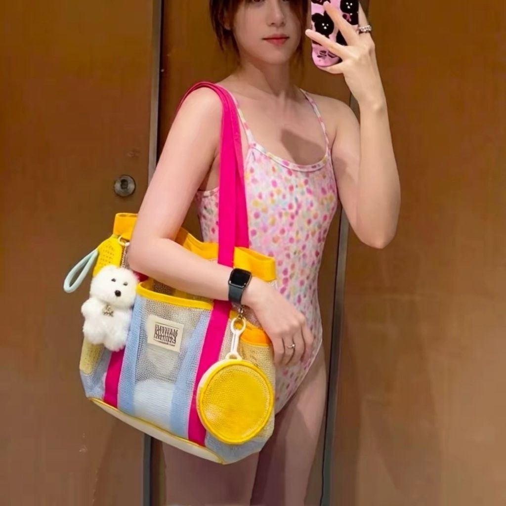 กระเป๋าผู้หญิงทรงโค๊ทตาข่ายสะพายไหล่ ใบใหญ่ จุของได้เยอะ กระเป๋าไปทะเล ใส่เรียน ใส่เที่ยว แฟชั่นเกาหลี มินิมอล