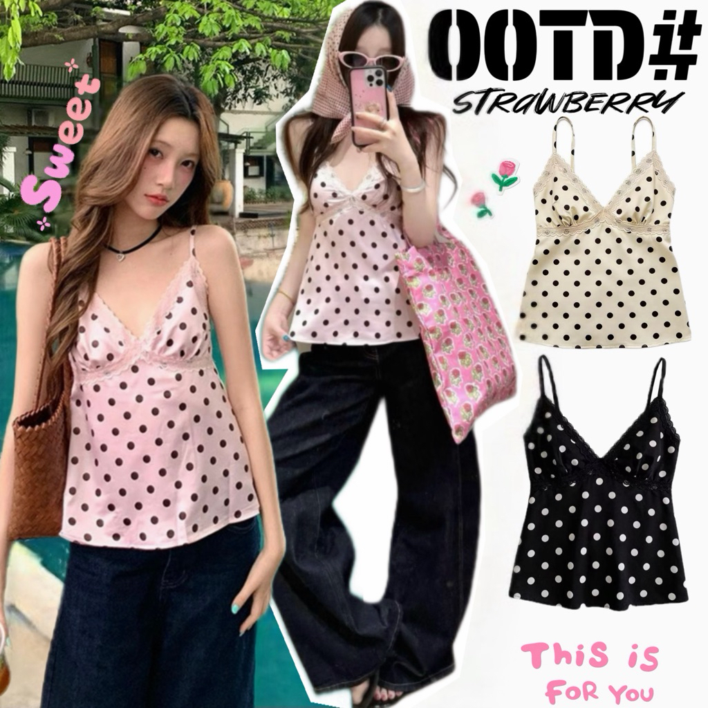STRพร้อมส่ง🐰🌷เสื้อสายเดี่ยวลูกไม้ซาตินลายโพกาดอทเสื้อแขนกุลทรงครอปคอวีสายปรับได้ เซ็กซี่แฟชั่นผู้หญิง ใส่ไปคาเฟ่สุดฮิต