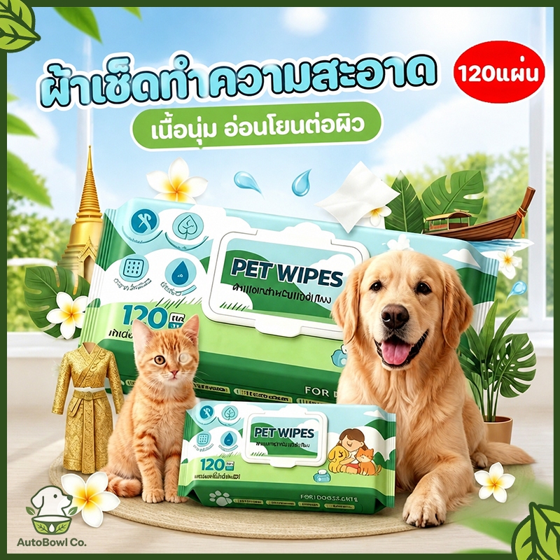 10 แพ็ค ทิชชู่เปียกสัตว์เลี้ยง 120แผ่น สูตรอ่อนโยน ไม่มีแอลกอฮอล์ วัสดุธรรมชาติ ปลอดภัย สำหรับเช็ดตา