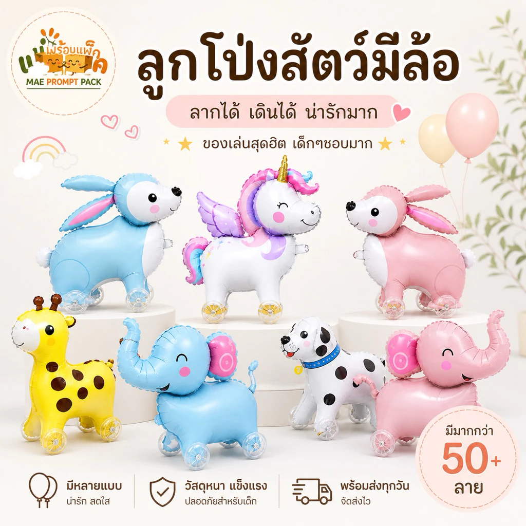 ลูกโป่งรูปสัตว์ มีล้อเลื่อนได้ ลูกโป่งสัตว์การ์ตูน (มีลายให้เลือก50+) ลูกโป่งเด็ก ของตกแต่งปาร์ตี้ เหมาะสำหรับเด็กๆ
