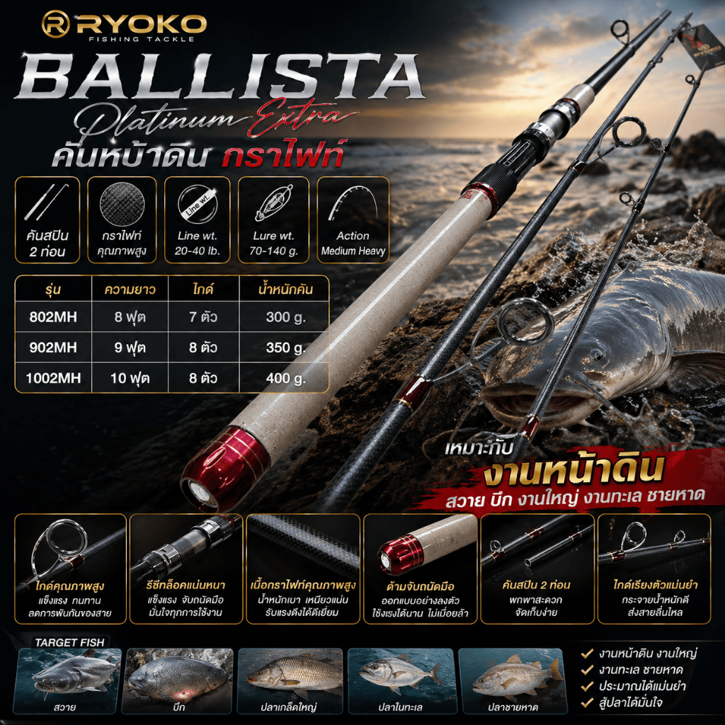 [ ของแท้ ]  คันหน้าดิน กราไฟท์ RYOKO BALLISTA Platinum Extra แพลทินัม เอ็กซ์ตร้า Line wt. 20-40 lb.