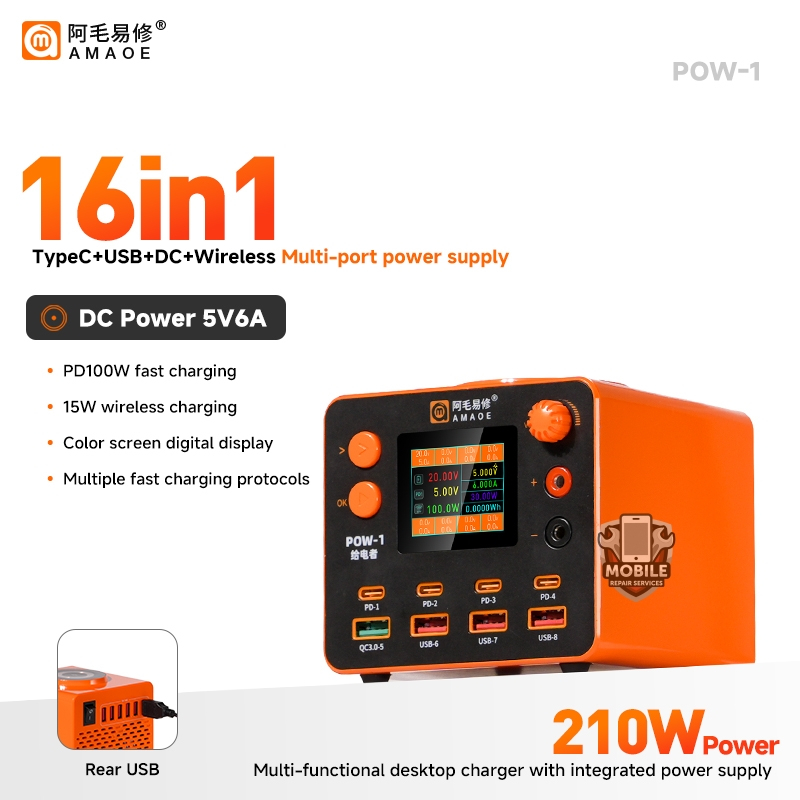 AMAOE POW-1 16in1GaN Multi-Port Charger 210W สําหรับ iPhone iPad พร้อมชาร์จไร้สาย 15W รองรับเครื่องมือชาร์จไร้สาย