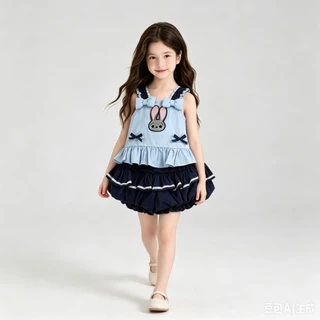 MC270 ชุดเซ็ตเด็กผู้หญิง สีฟ้า-กรม เสื้อระบายลายกระต่าย พร้อมกางเกงฟักทอง