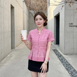 LANNA - เสื้อคอจีนระบายเอว เสื้อผู้หญิง เสื้อใส่ทำงาน ทรงสวยเข้ารูป ผ้าฝ้ายพิมพ์ลายสวยมากค่ะ