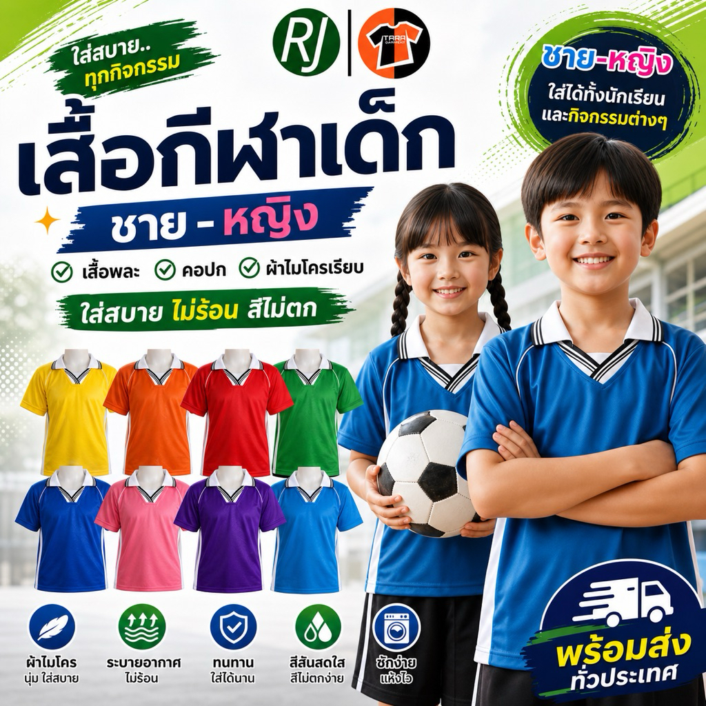 🔥พร้อมส่งทันที🔥เสื้อกีฬา RJ-คอปก เด็กอนุบาล-ผู้ใหญ่ มีครบทุกสี