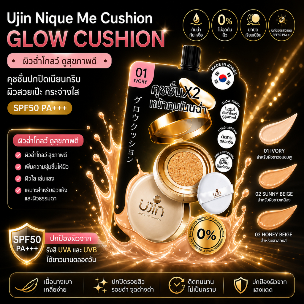 Ujin Nique Me Matte Cushion คุชชั่นเนื้อแมท ปกปิดรอยดำ กันน้ำคุมมัน SPF50PA+++(ซองดำ)