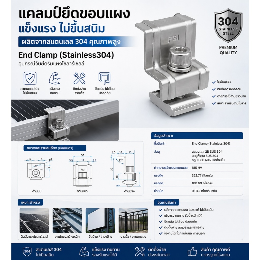 PSI End Clamp ชุดจับยึดริมแผงโซล่าเซลล์ (END Clamp)