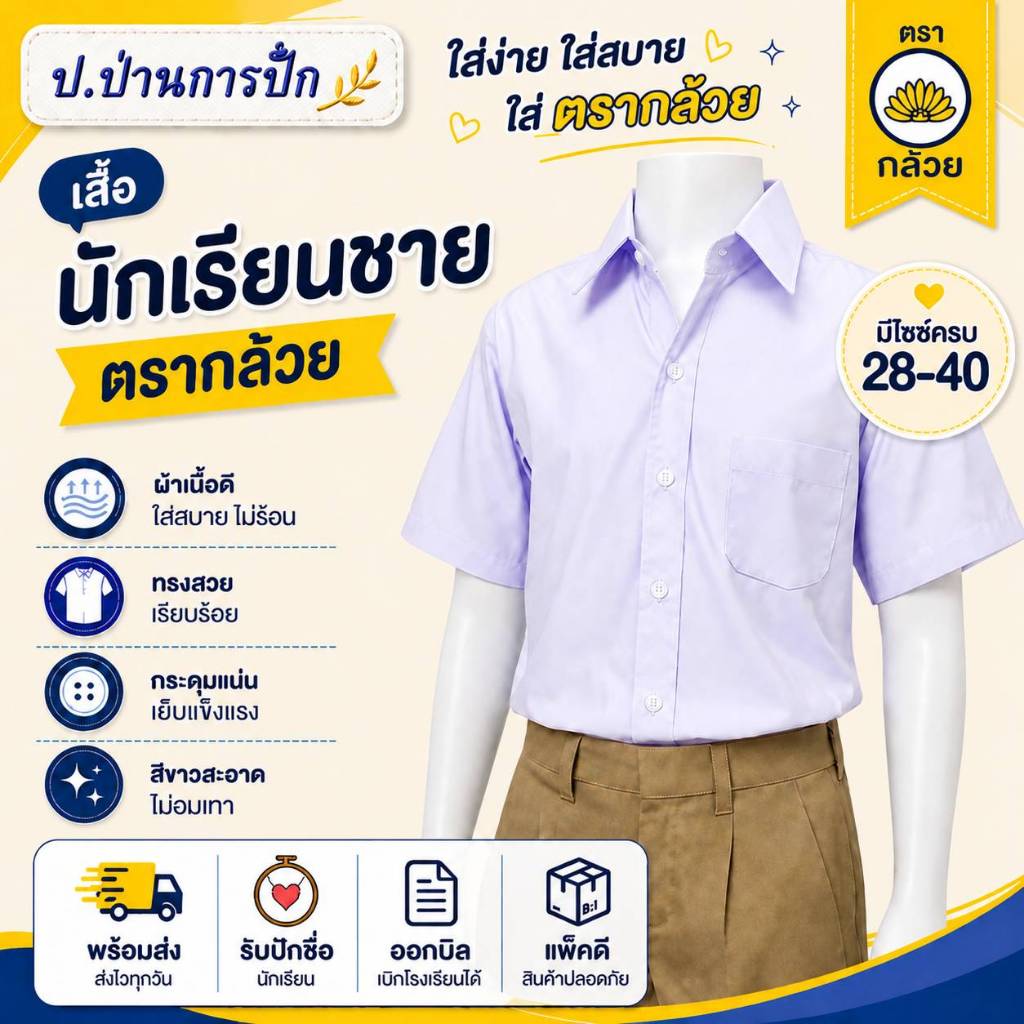 เสื้อนักเรียนชาย ตรากล้วย ใส่ง่าย ใส่สบาย พร้อมปักชื่อ บิลเบิกได้
