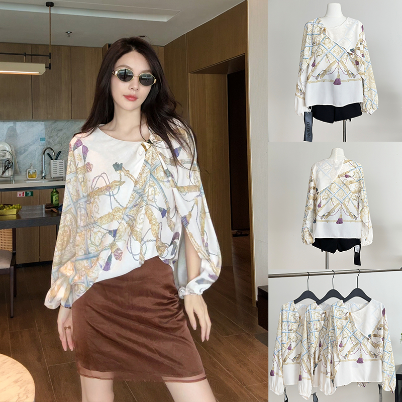 W726 เสื้อเชิ้ตผ้าชีฟองลายพิมพ์ทรงหลวม มีรัดเอว ตัดตัวไม่สม่ำเสมอ สไตล์หรูหราเบาๆ ช่วยลดอายุ สำหรับผู้หญิง