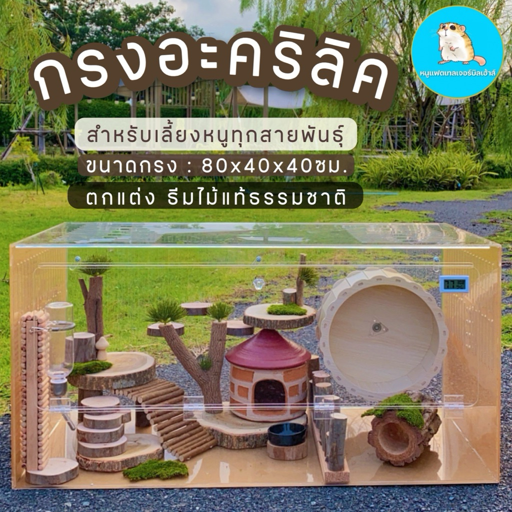 กรงเลี้ยงหนูแฮมเตอร์ ตกแต่งโทนไม้ธรรมชาติ/กรงอะคริลิค บ้านหนู กรงสัตว์เลี้ยง 80x40x40ซม. ของเล่น ของ