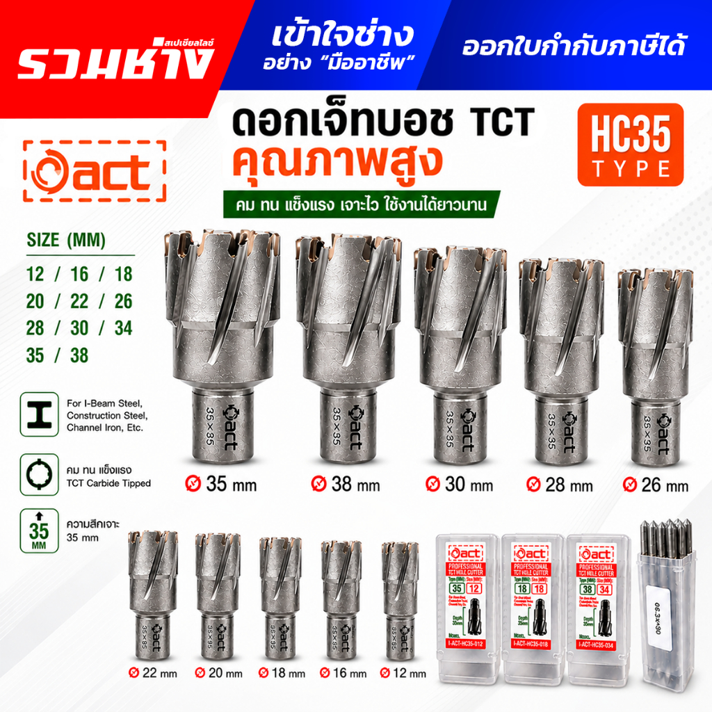 ACT ดอกเจ็ทบอช ฟันคาร์ไบด์ TCT เกรดใต้หวัน JET BROACH 35L mm #12 16 18 20 22 26 28 30 34 38 นำศูนย์