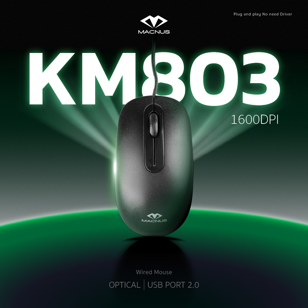 เม้าส์ Optical (มีสาย) USB Port ยี่ห้อ MACNUS รุ่น KM803 OPTICAL MOUSE USB 800-1600DPI