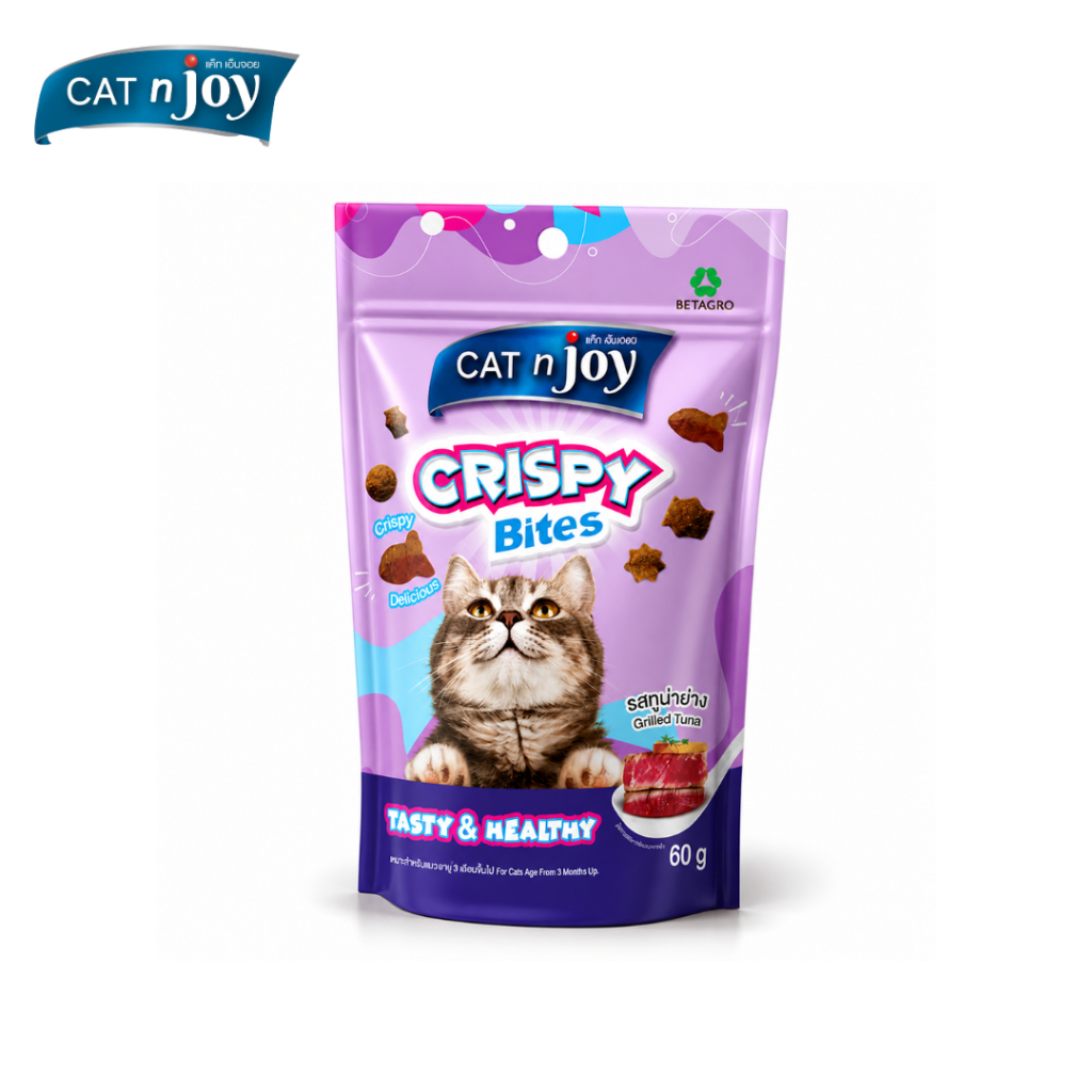 CAT n joy ขนมแมวกรุบกรอบ 60g อร่อยเคี้ยวมัน สำหรับแมวทุกวัย Crispy Bites Petus Kingkaew
