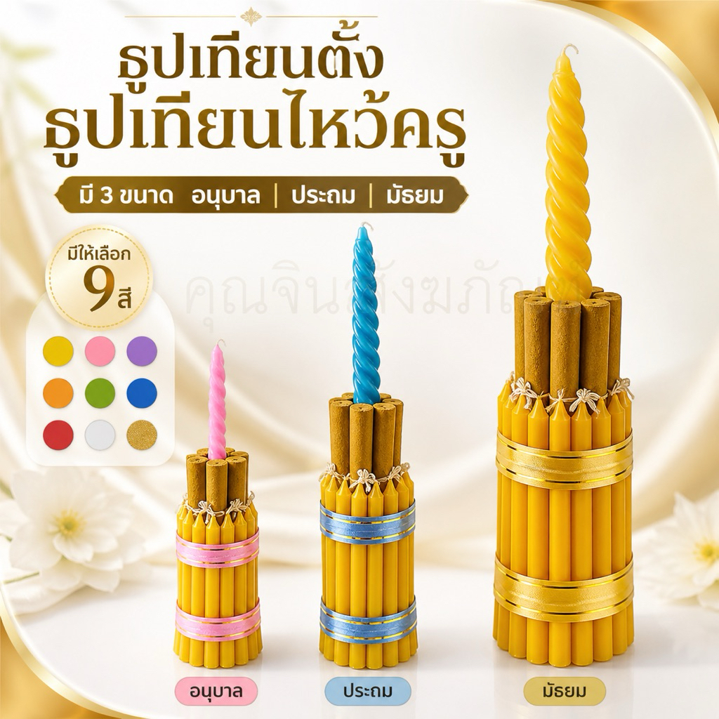 ธูปเทียนตั้ง เทียนตั้ง ธูปเทียน ธูปเทียนไหว้ครู | ชุดธูปเทียนมงคลสำเร็จรูป | ขนาดเล็ก-กลาง-ใหญ่ | งานประณีต พร้อมใช้งาน