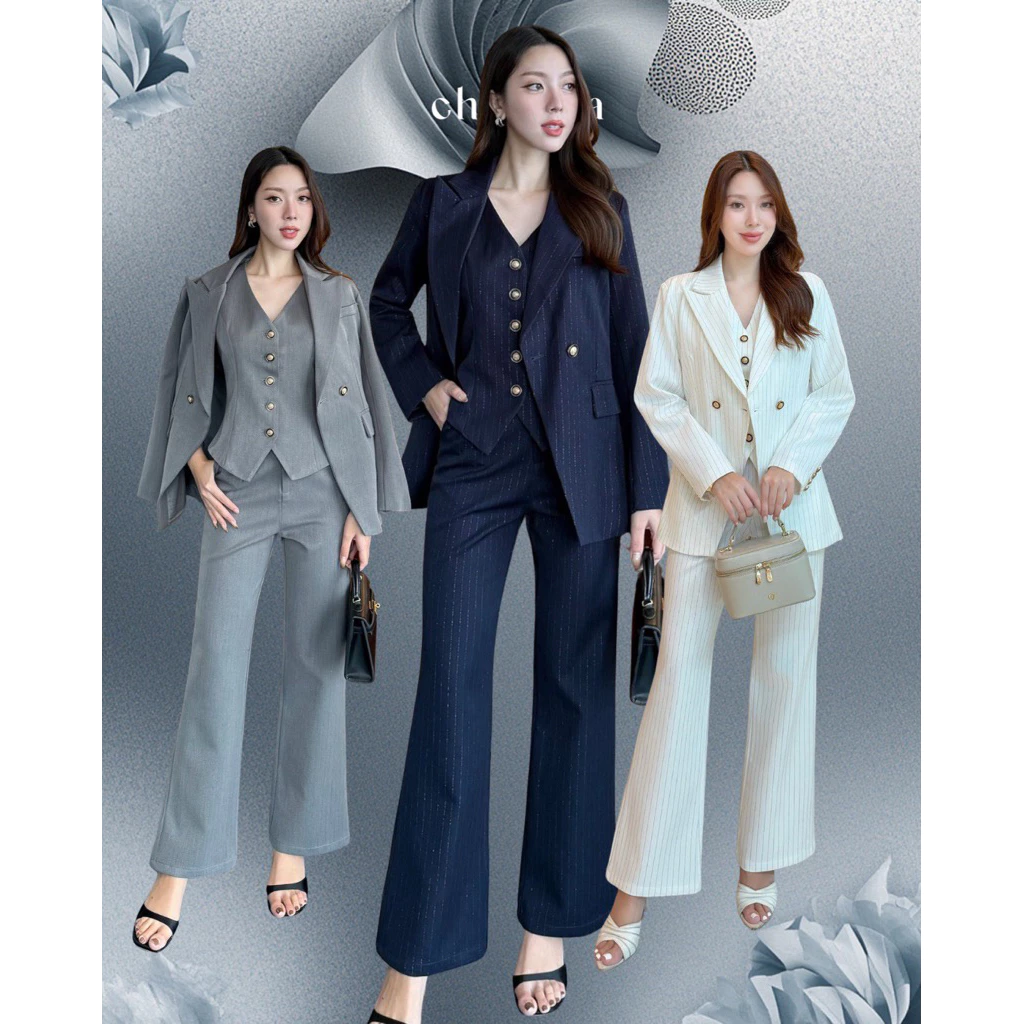 22000 Premium setsuit 3 ชิ้นสูท + เสื้อทรง vest กางเกงผ้าลายริ้ว