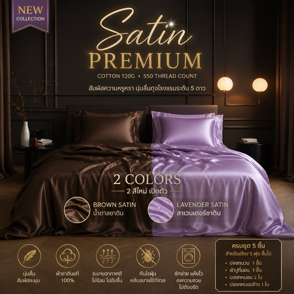 💜🤎ครบชุดเครื่องนอน Satin Premium Cotton 120g 550 เส้นด้าย | สีลาเวนเดอร์ & น้ำตาลซาติน | กันไรฝุ่น | ครบชุด 5 ชิ้น