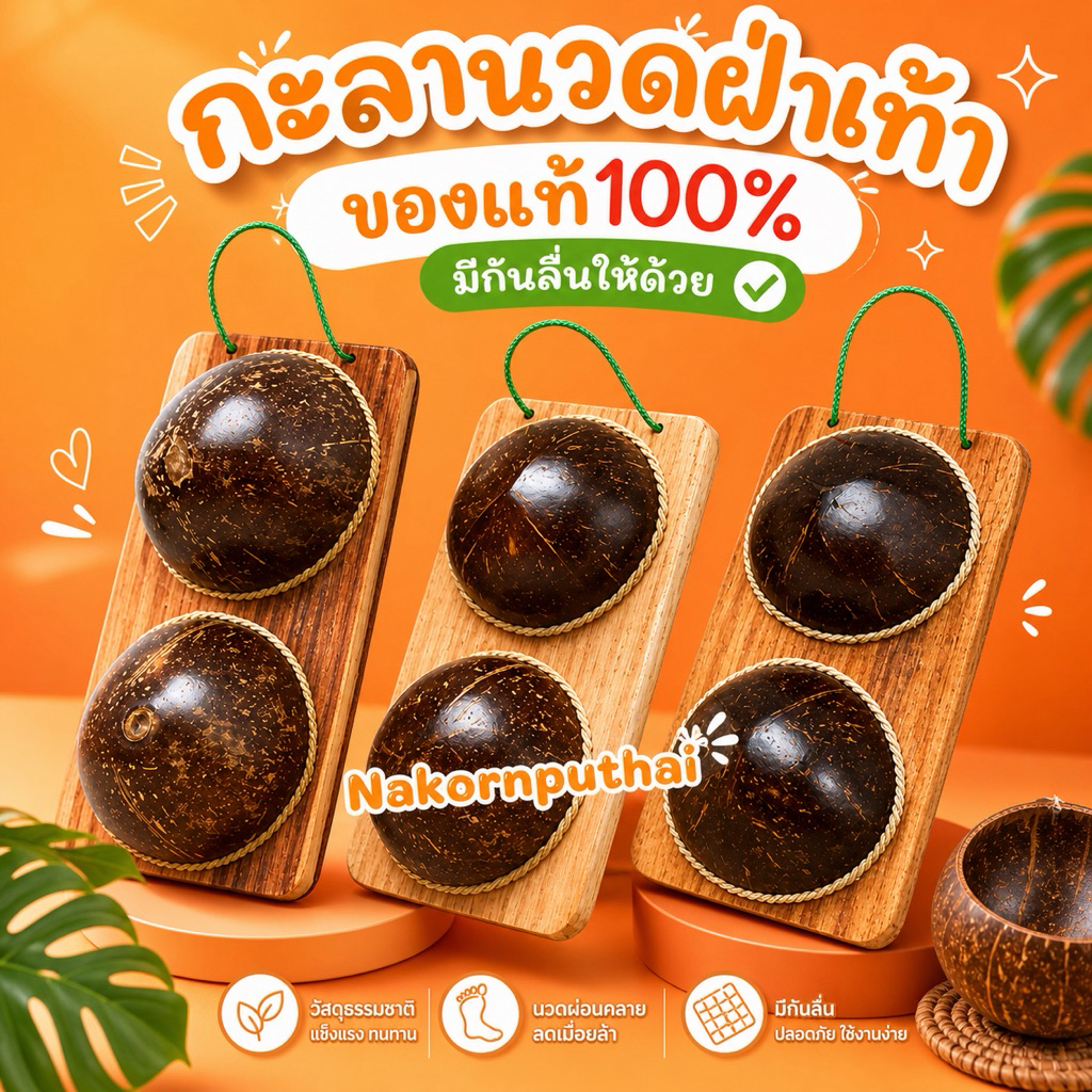 กะลานวดฝ่าเท้า OTOP จากแหล่งผลิต “ถูกที่สุด” ไซส์ใหญ่ (L) ความยาว 30 ซม. (Coconut shell foot massager)