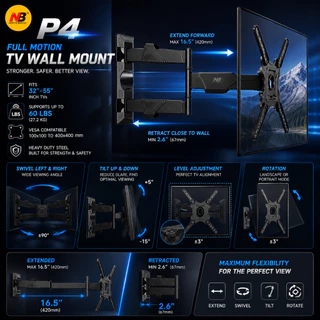 NB Ergonomic P4 ขาแขวนทีวีติดผนัง Full Motion TV Wall Mount 32-55" รับน้ำหนัก 27kg VESA 400x400 Swivel Tilt