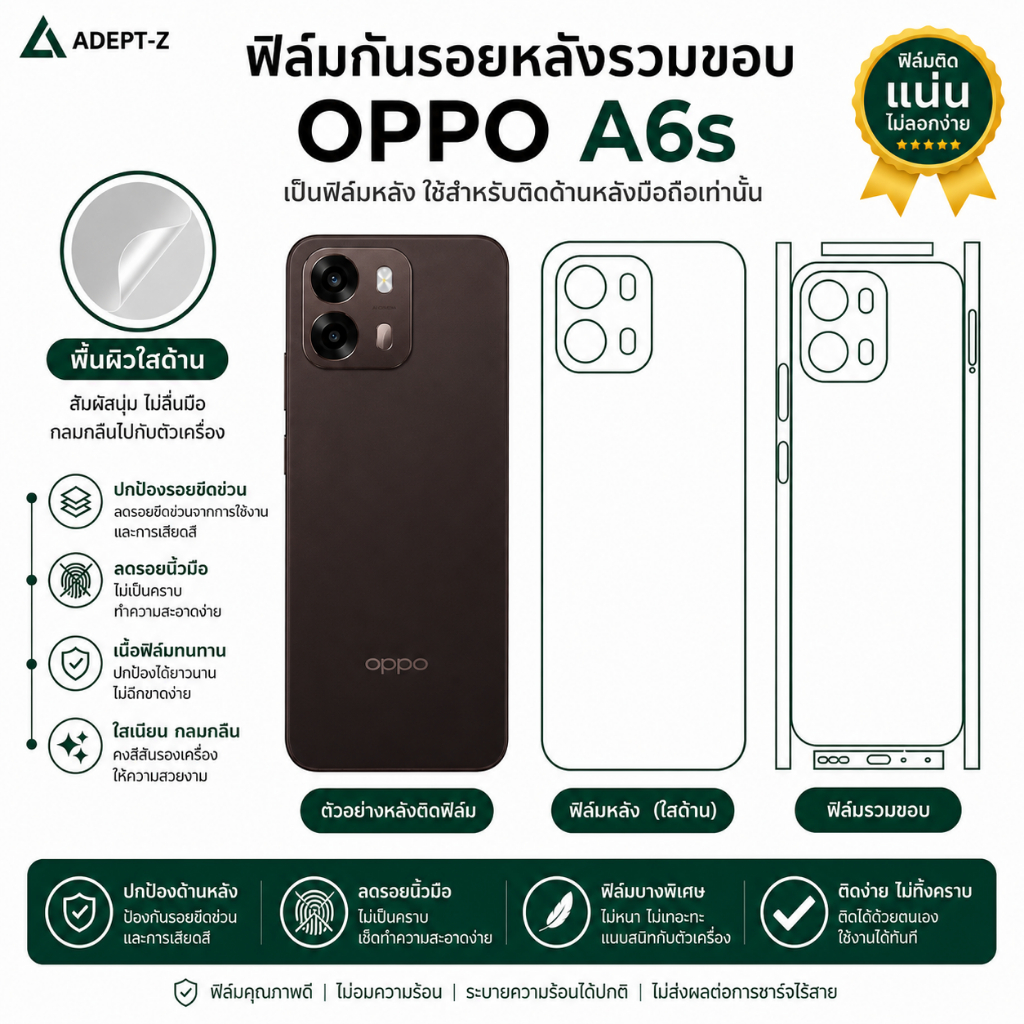 ฟิล์มกันรอยด้านหลัง OPPO A6s 5G ฟิล์มหลังใสด้าน ลดรอยนิ้วมือ สุดคุ้ม ราคาประหยัด พร้อมส่งเก็บปลายทาง