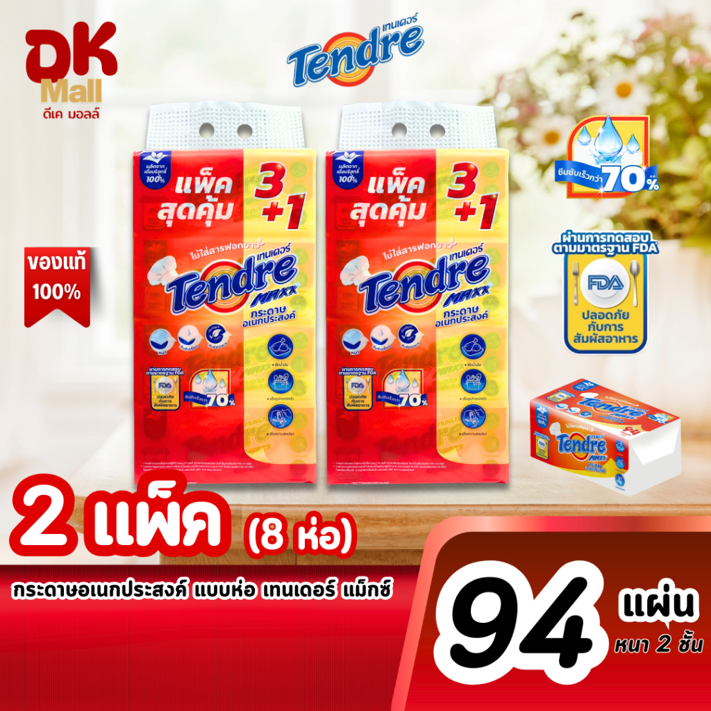 (live) Tendre Maxx กระดาษอเนกประสงค์ แบบแผ่น หนา 2 ชั้น 94 แผ่น สัมผัสอาหาร ซึมซับน้ำและน้ำมันได้ดี 2 แพ็ค 8 ห่อ