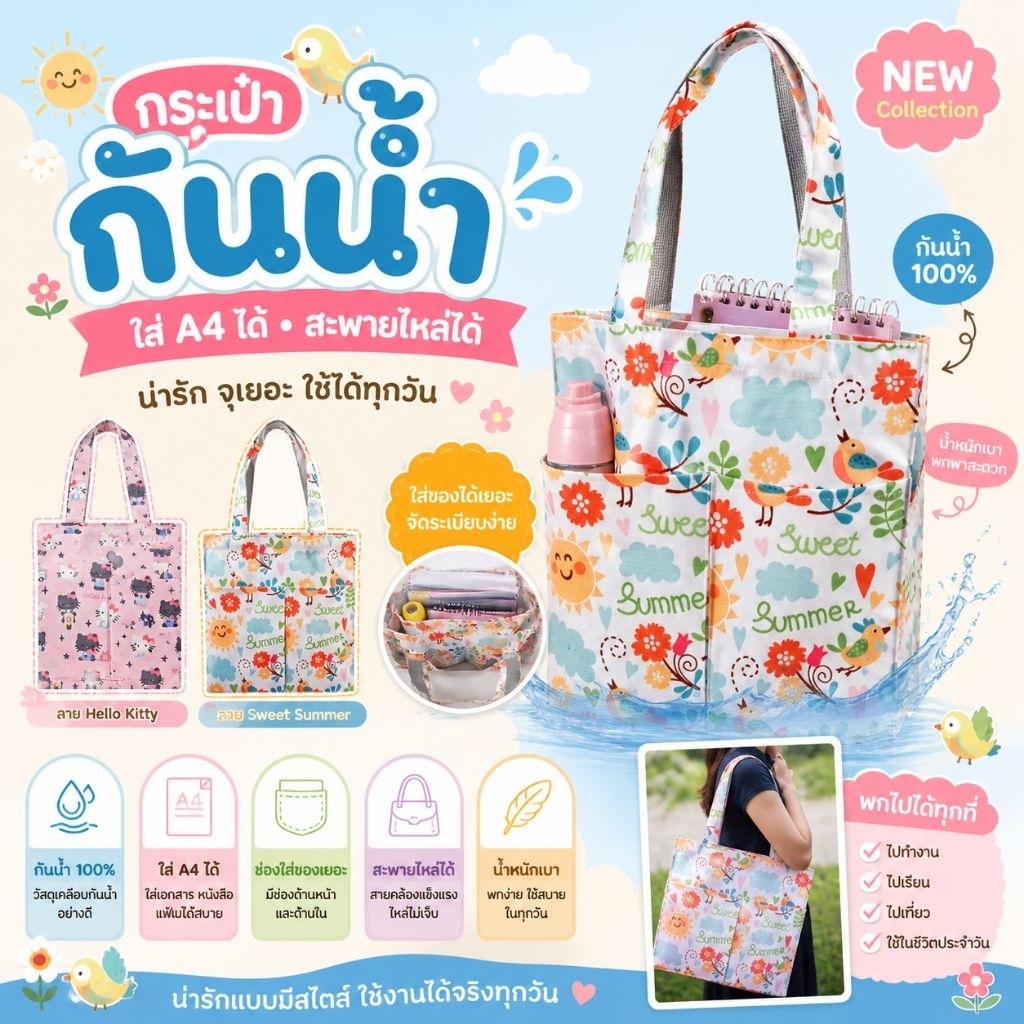 กระเป๋าผ้าเคลือบทรง A4 ทรงตั้ง มีซิป กว้าง 11 นิ้ว สูง 12 นิ้ว หนา 4 นิ้ว สะพายไหล่ได้ กระเป๋าผู้หญิง กระเป๋าถือ