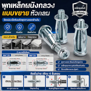 พุกเหล็กผนังกลวง พร้อมสกรู พุกยิปซัม พุกยึดผนังเบา พุกเหล็กขยายตัว ขนาด 4x20-6x25 มม.